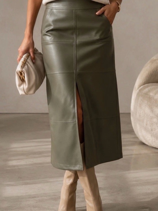 CAbi Dresses & Skirts - Cabi "Kick It" Skirt Style #4765 Olive Green Faux Leather Midi Size 4 Vegan